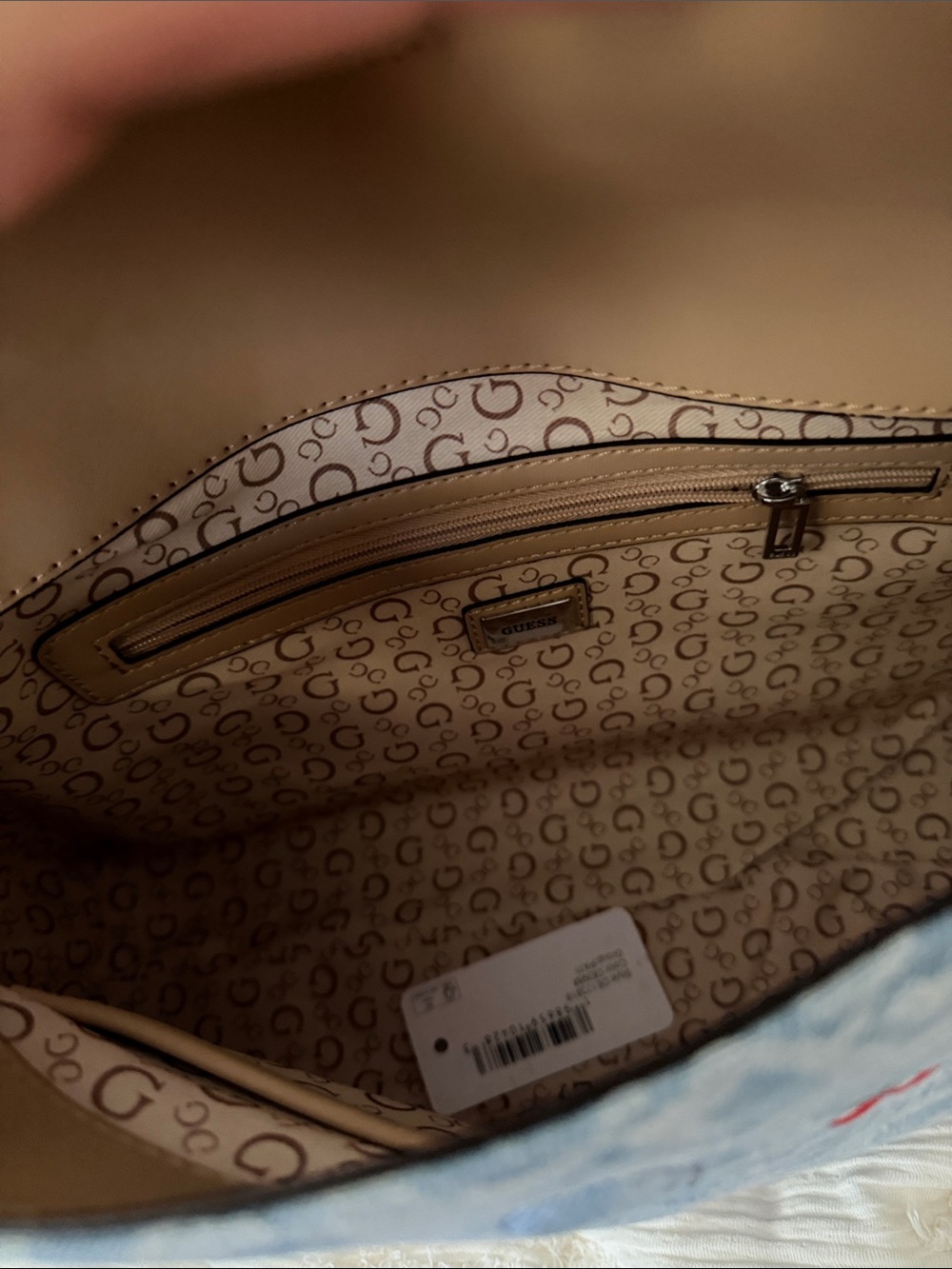 GUESS Blue Denim Cherry Print Shoulder Bag with Tan Trim - Picture 3 of 3